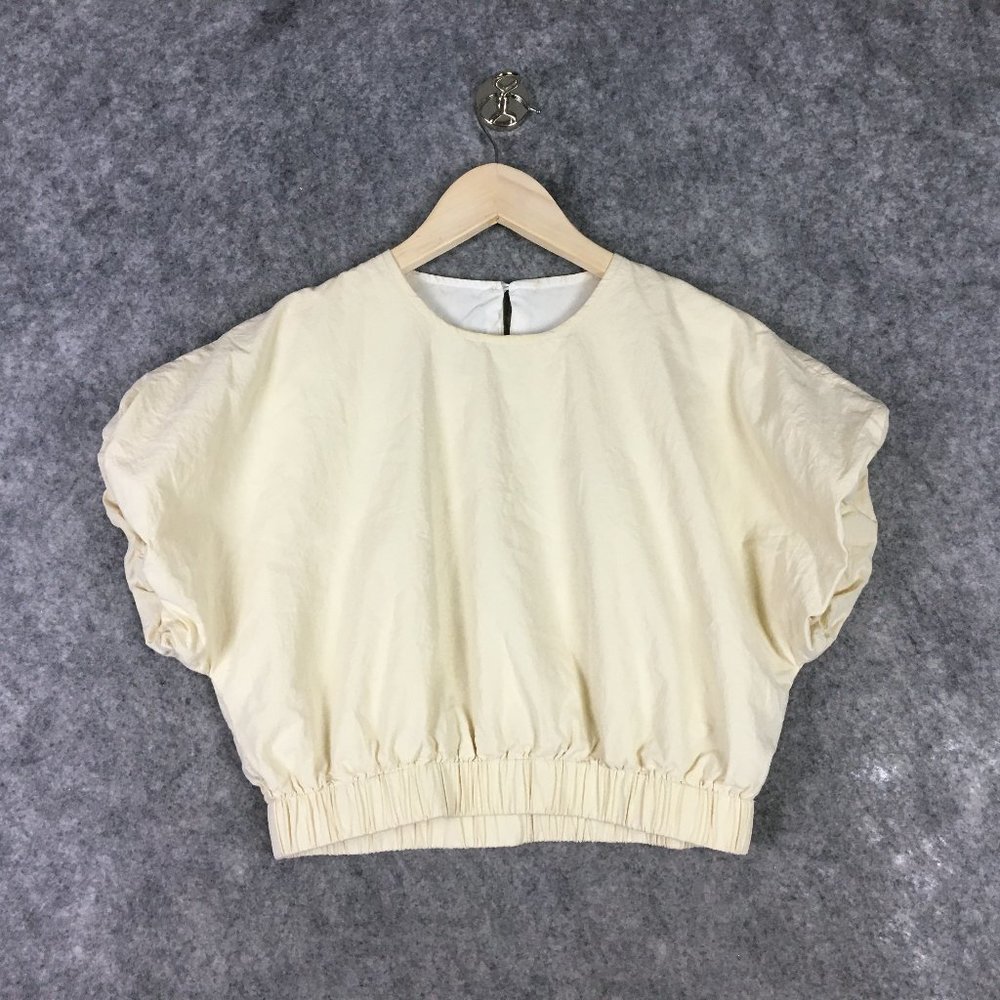 Dazy Top M Crop Top Bubble Puff Sleeve 100 Cotton Keyhole Elastic Waist Cream